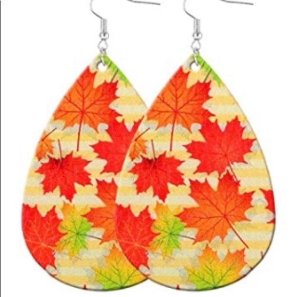 Fall/Autumn festive leaves faux leather tear drop earrings - Picture 1 of 3